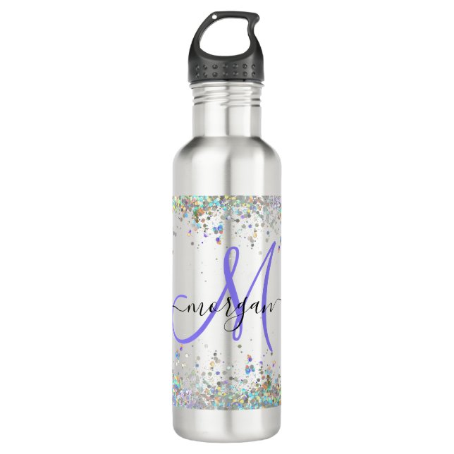 Holografischer Glitzer Rainbow Pastors Monogram Edelstahlflasche (Vorderseite)