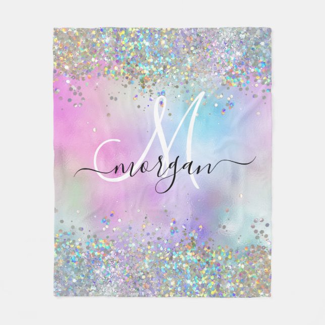 Holografischer Glitzer Rainbow Pastors Monogram Fleecedecke (Vorderseite)