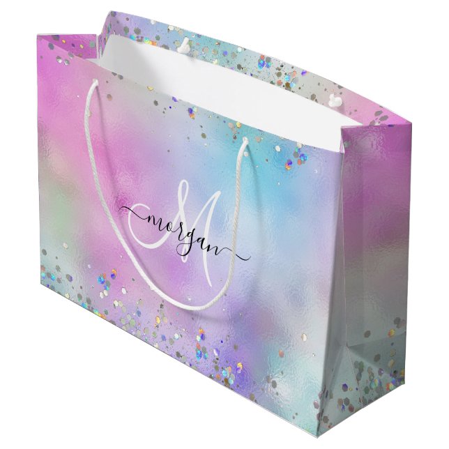 Holografischer Glitzer Rainbow Pastors Monogram Große Geschenktüte (Rückseite Schrägansicht)