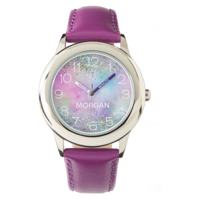 Holografischer Glitzer Rainbow Pastors Monogram Na Armbanduhr (Vorderseite)