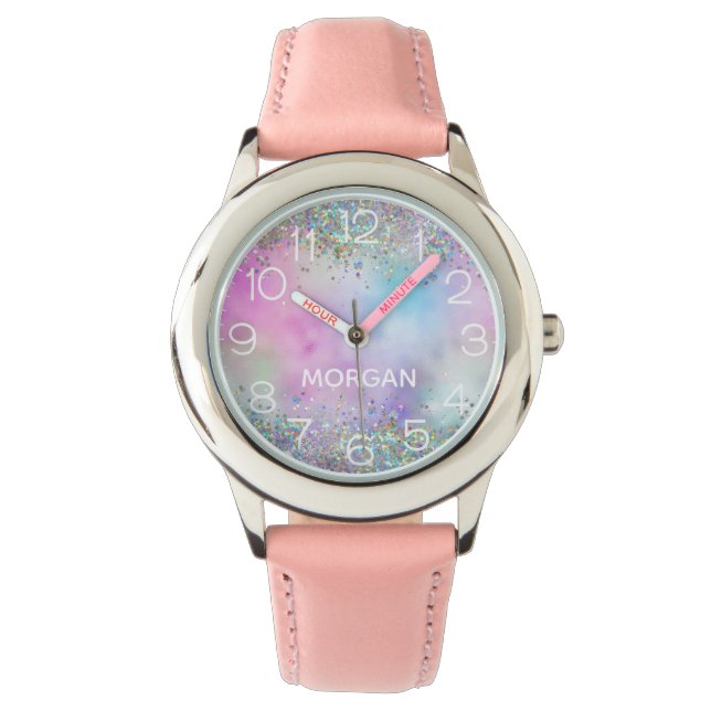 Holografischer Glitzer Rainbow Pastors Monogram Na Armbanduhr (Vorderseite)