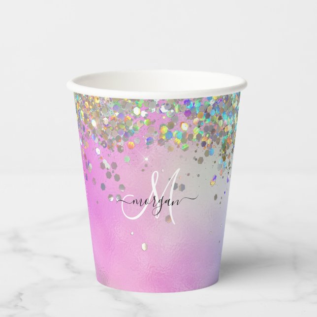 Holografischer Glitzer Rainbow Pastors Monogram Pappbecher (Vorderseite)