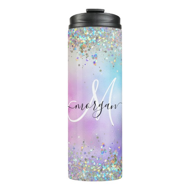 Holografischer Glitzer Rainbow Pastors Monogram Thermosbecher (Vorderseite)