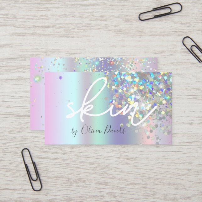 Holografischer Glitzer Skincare Salon Visitenkarte (Vorderseite/Rückseite Beispiel)