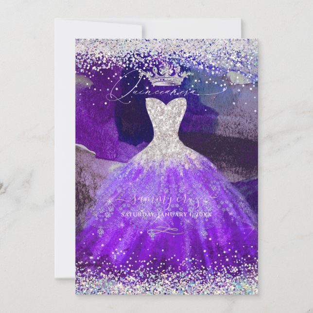 Holografischer Glitzer Ultra Violet Quinceanera Go Einladung (Vorderseite)