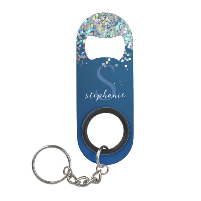 Holografischer Monogramm-Glitzer Mini Flaschenöffner (Vorderseite)
