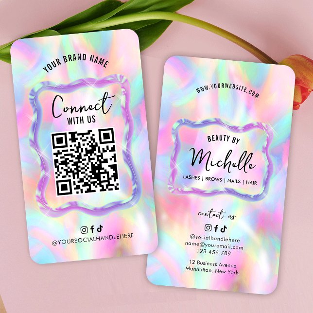 Holografischer Neon Opal Girly Social Media QR-Cod Visitenkarte (Trendy holographic neon effect scannable social media QR code business cards)