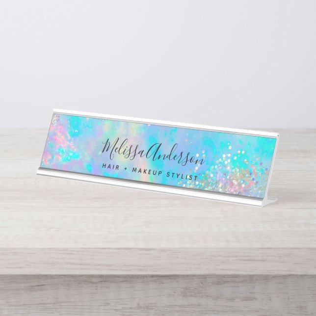 Holografischer Opal Stone Glitzer Calligraphy Schreibtischnamensplakette (Vorderseite )