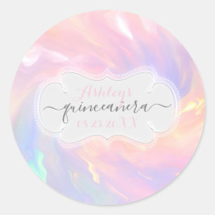 Holografischer Prinzessin Rosa Name Datum Quinceañ Runder Aufkleber
