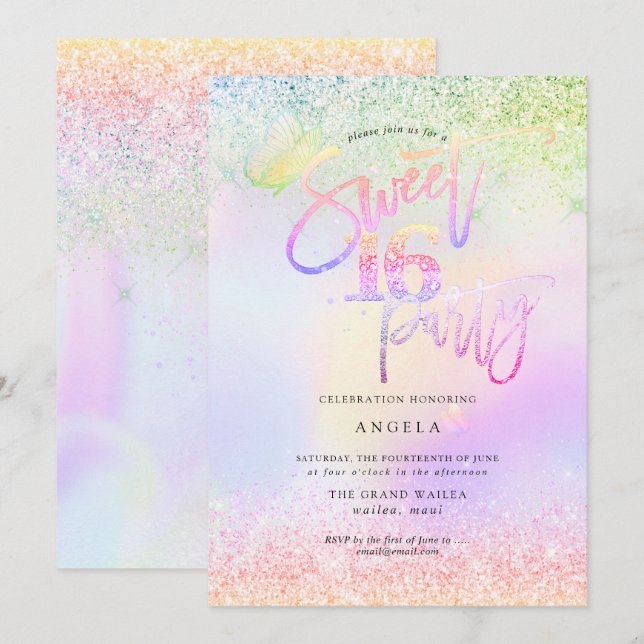 Holografischer Sweet 16 Pink Diamond Glitzer Einladung (Vorne/Hinten)