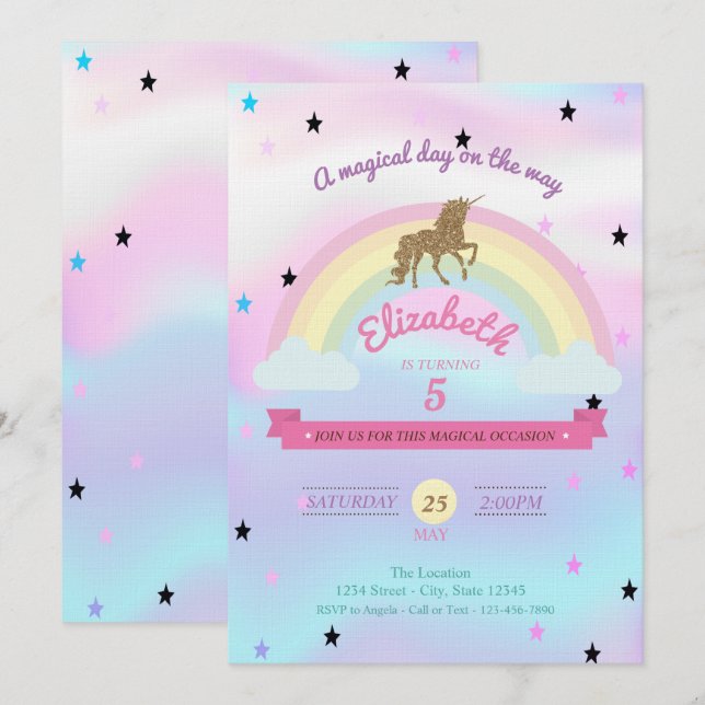Holografisches Einhorn, Regenbogen - Einladung zum (Vorne/Hinten)