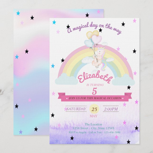 Holografisches Einhorn, Regenbogenballons Geburtst Einladung (Vorne/Hinten)