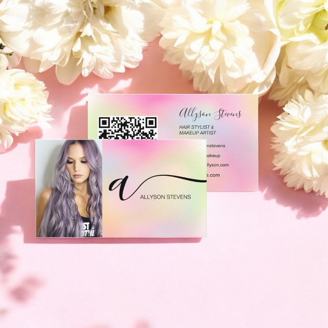 Holografisches Haarschminken Foto erster qr-Code Visitenkarte (Holographic hair makeup photo initial qr code business card)