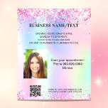 Holografisches Rosa Foto qr Geschäftsbereich Flyer<br><div class="desc">Personalisieren und fügen Sie Ihren Namen,  Ihre Adresse,  Ihren Text,  Ihr Foto,  Ihren eigenen QR-Code zu Ihrer Website hinzu. Rosa,  lila,  Rose Gold,  Minzgrün,  holografischer Untergrund mit Imitaten Glitzer Glitzern.</div>