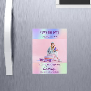 Holografisches rosa Foto Quinceanera Save the Date Magnetkarte