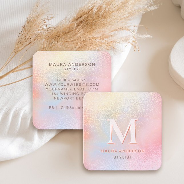Holografisches Rosa Modernes Monogramm-Elegant Quadratische Visitenkarte (holographic business card square pink blush monogram hairdresser stylist artist lash nails makeup)