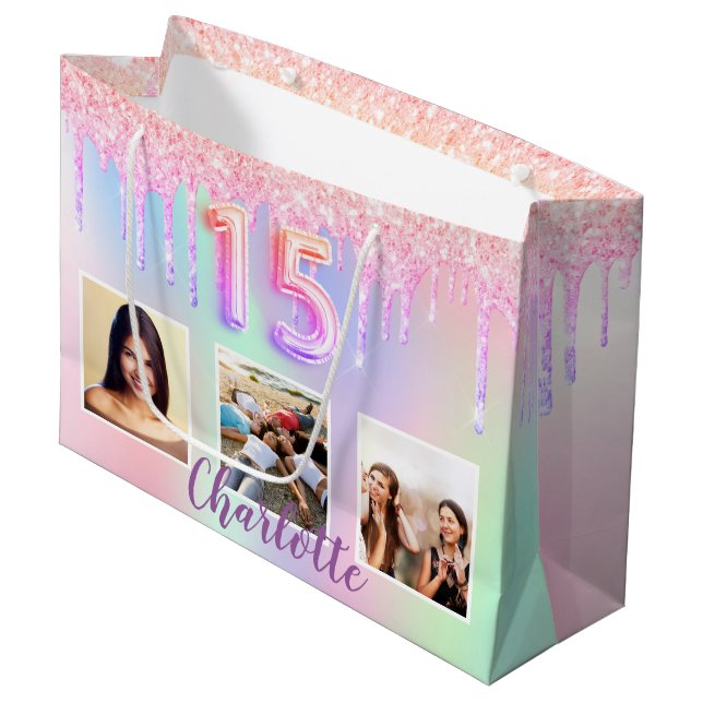 holografisches Rosa Quinceanera-Foto Große Geschenktüte (Vorderseite Schrägansicht)