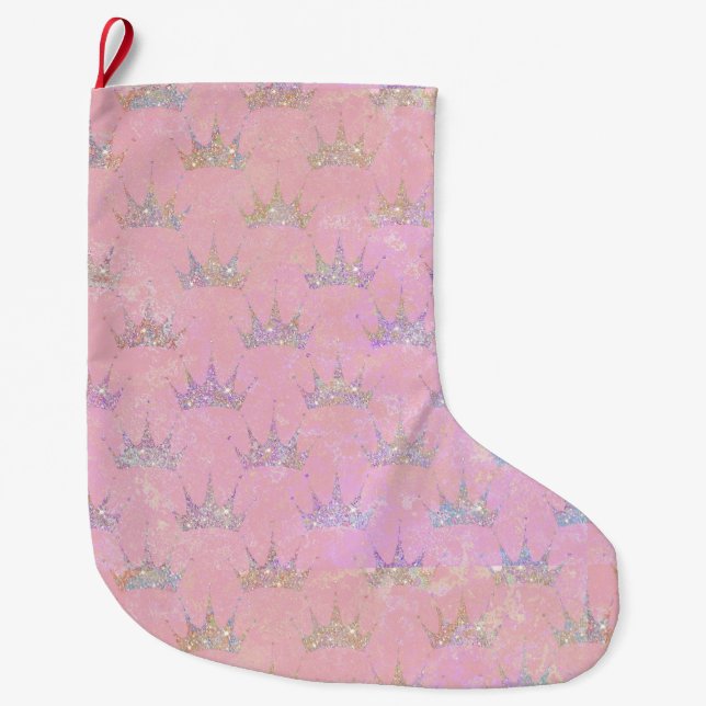 Hologram Holograph Glitzer Crown Pink Swirl Marmor Großer Weihnachtsstrumpf (Vorderseite)