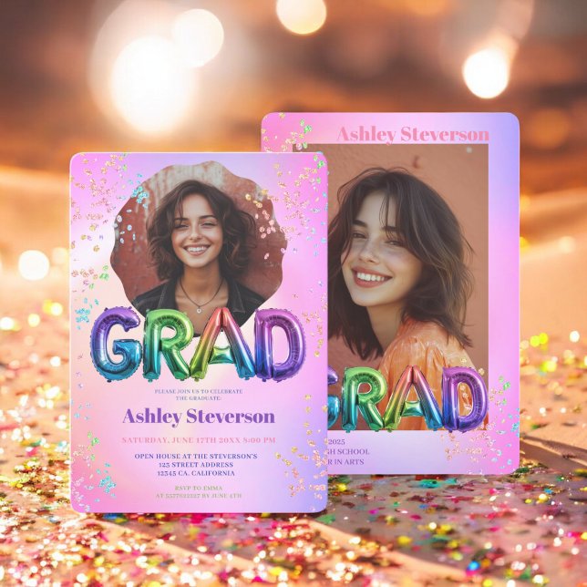 Holographic Balloon Letters Abschluss 2 Fotos Einladung (Holographic Balloon Lettering Graduation 2 Photos Invitation)