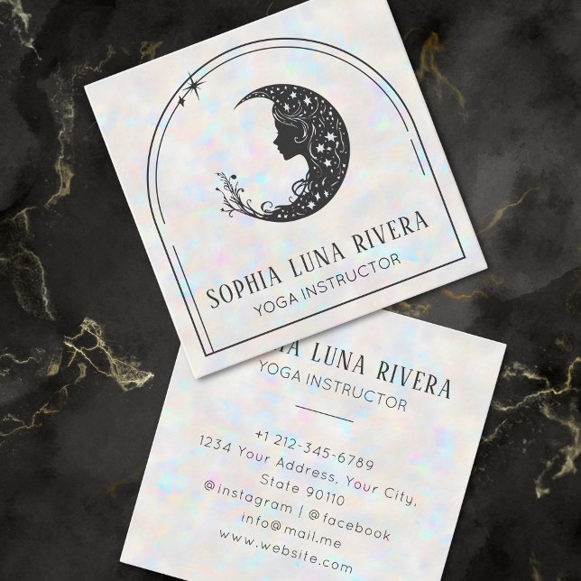 Holographic Boho Arch Celestial Crescent Moon Yoga Quadratische Visitenkarte (Holographic Boho Arch Celestial Crescent Moon Yoga Square Business Card)