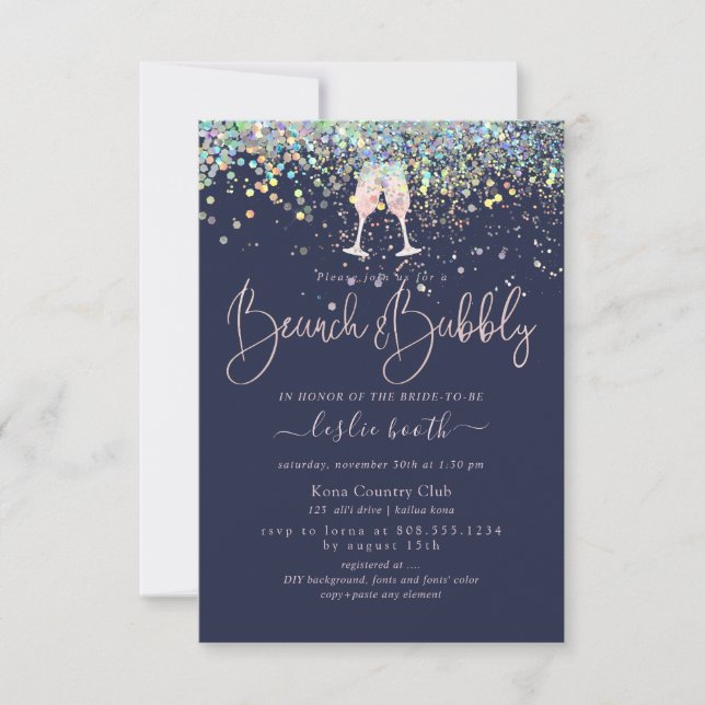 Holographic Confetti Brunch+Bubbly Pink Champagne Einladung (Vorderseite)