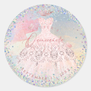 Holographic Confetti Quinceanera Blush Gown Runder Aufkleber