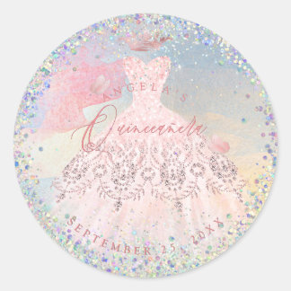 Holographic Confetti Quinceanera Blush Gown Runder Aufkleber