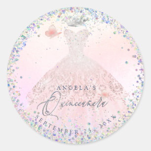Holographic Confetti Quinceanera Blush Pink Gown Runder Aufkleber