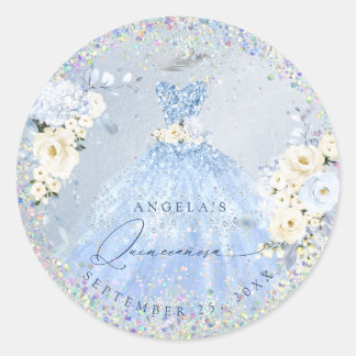 Holographic Confetti Quinceanera Dusty Blue Gown C Runder Aufkleber