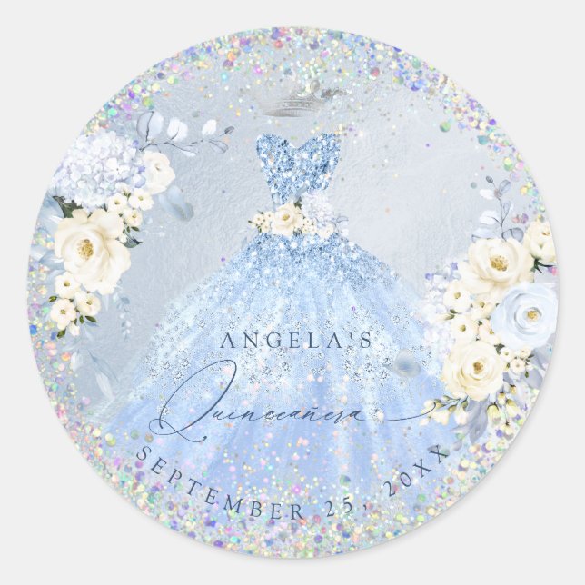 Holographic Confetti Quinceanera Dusty Blue Gown C Runder Aufkleber (Vorderseite)