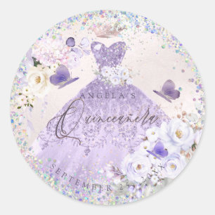Holographic Confetti Quinceanera Lila Gown Runder Aufkleber
