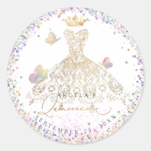 Holographic Confetti Quinceanera White Gold Gown Runder Aufkleber