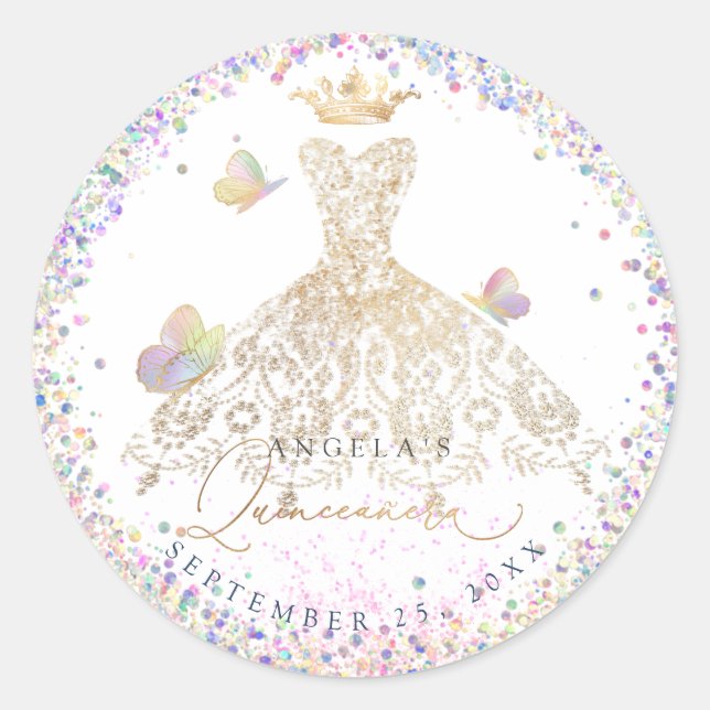 Holographic Confetti Quinceanera White Gold Gown Runder Aufkleber (Vorderseite)