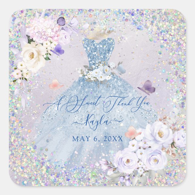 Holographic Confetti Sweet 16 Dusty Blue Gown Quadratischer Aufkleber (Vorderseite)