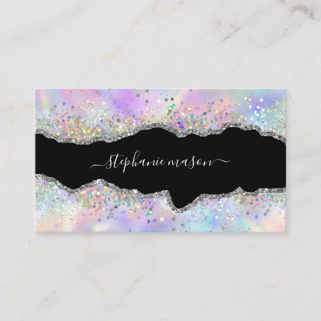 Holographic Glitzer Beauty Salon Chic Agate Telefonnummerkarte (Vorderseite)