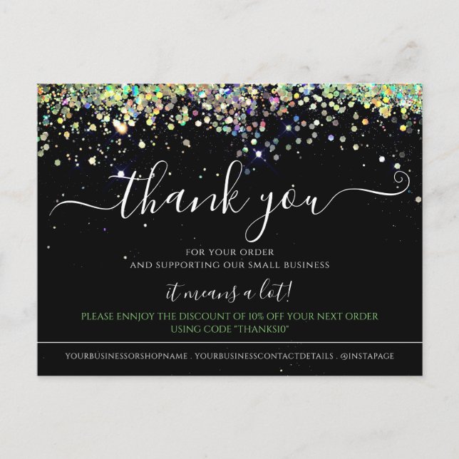 Holographic Glitzer Black Elegant Vielen Dank Kart Postkarte (Vorderseite)