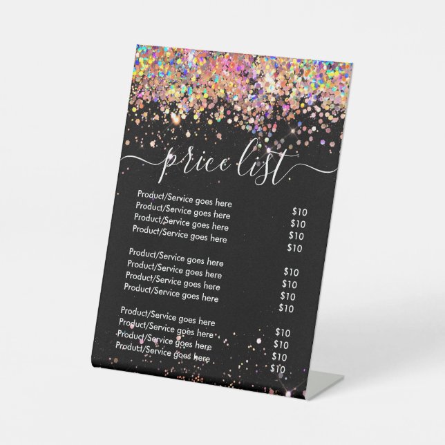 Holographic Glitzer Business Price List Black Sockelschild (Vorderseite)