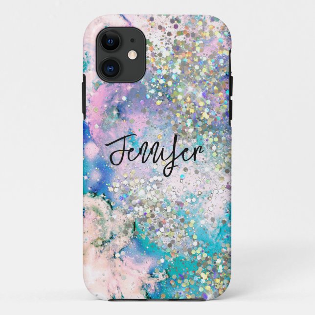 Holographic Glitzer elegant Blue Aquamarin Marble  Case-Mate iPhone Hülle (Rückseite)