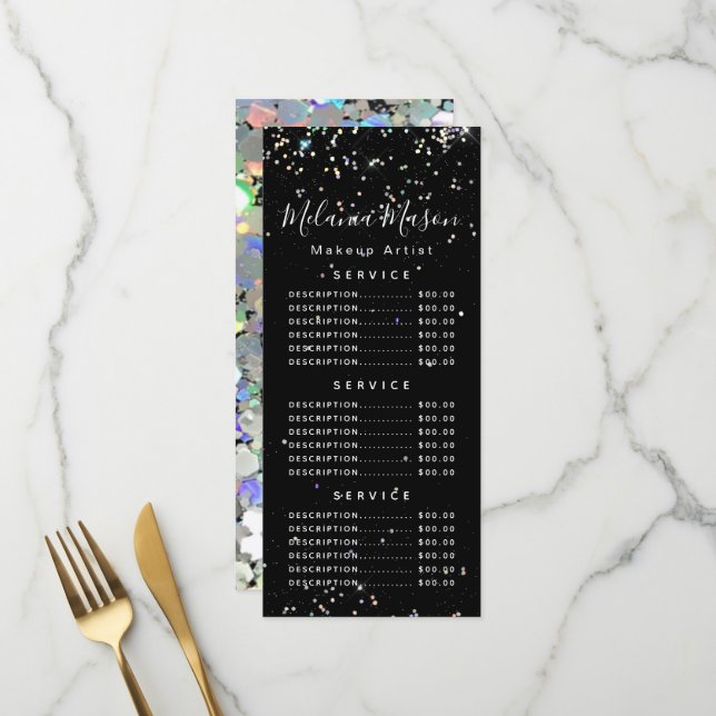 Holographic Glitzer Makeup Artist Black Price Menu Menükarte (Vorderseite/Rückseite Beispiel)