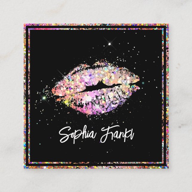 Holographic Glitzer Pink Lips Makeup Artist Black Quadratische Visitenkarte (Vorderseite)
