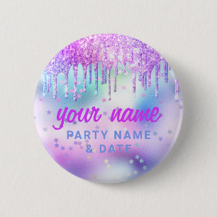 Holographic Glitzer Tropfen Lila Party Name Gefall Button