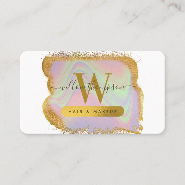 Holographic Gold Glitzer Modernes Haar & Makeup Visitenkarte (Vorderseite)