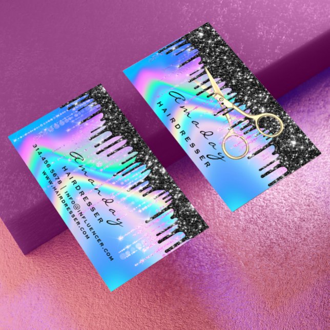 Holographic Hair Salon Beauty Black Tropfens Scher Visitenkarte (Holographic Hair Salon Beauty Black Drips Scissors Business Card)