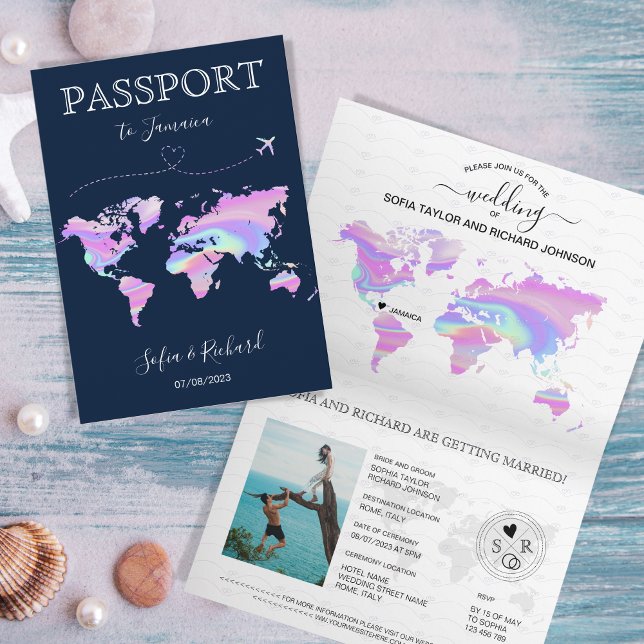 Holographic Hochzeit in Urlaubsort Passport Weltka Einladung (Von Creator hochgeladen)