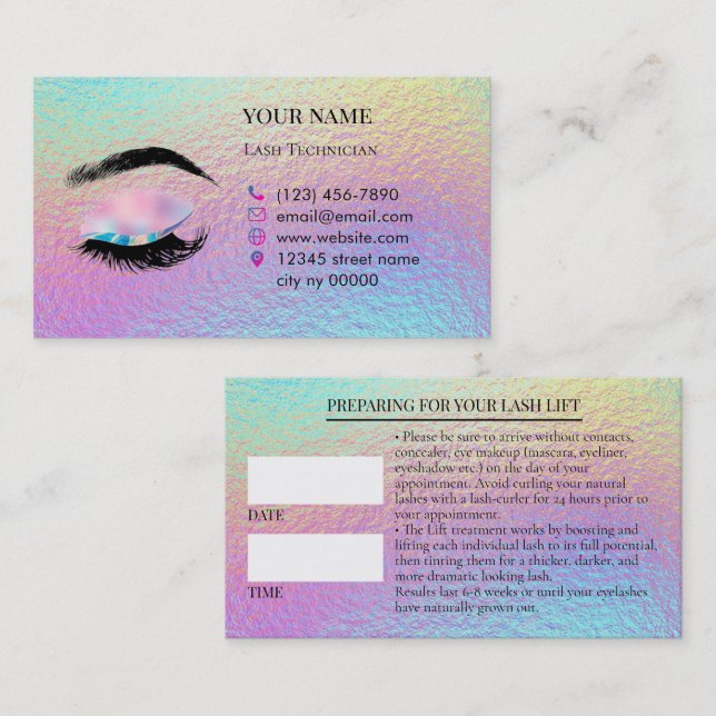 Holographic Lashes Before care Appointment Card Terminkarte (Vorne/Hinten)