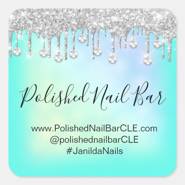 Holographic Minze Blue Diamond Tropfens Nail Bar Quadratischer Aufkleber (Vorderseite)