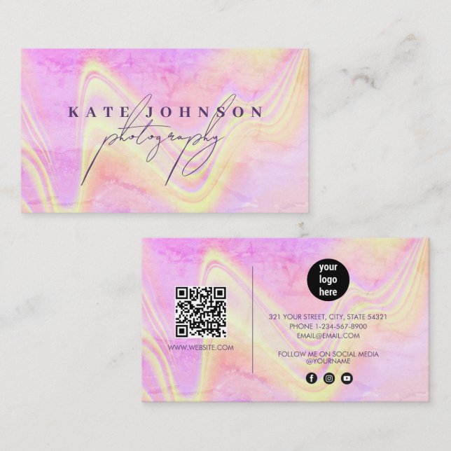Holographic Opal Stone Marble Script QR Code Visitenkarte (Vorne/Hinten)