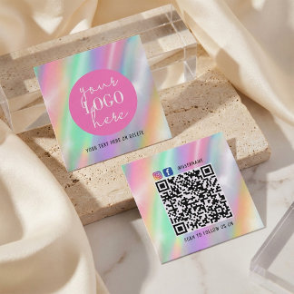 Holographic Pastel Brand Card with QR Code Quadratische Visitenkarte