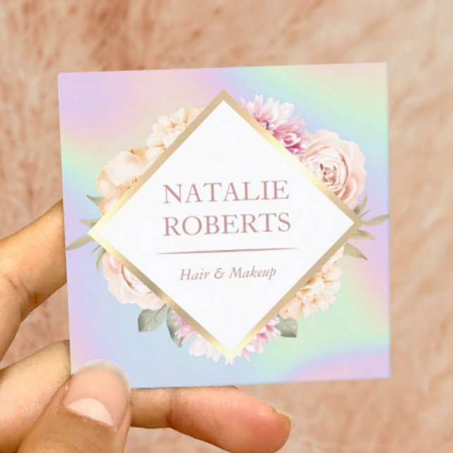 Holographic Pastel Floral Makeup Artist Hair Salon Quadratische Visitenkarte (Von Creator hochgeladen)