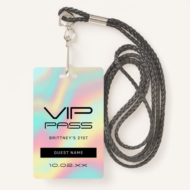 Holographic Pastel Glam 21. Einladung VIP Ausweis (Vorderseite mit Schlüsselband)